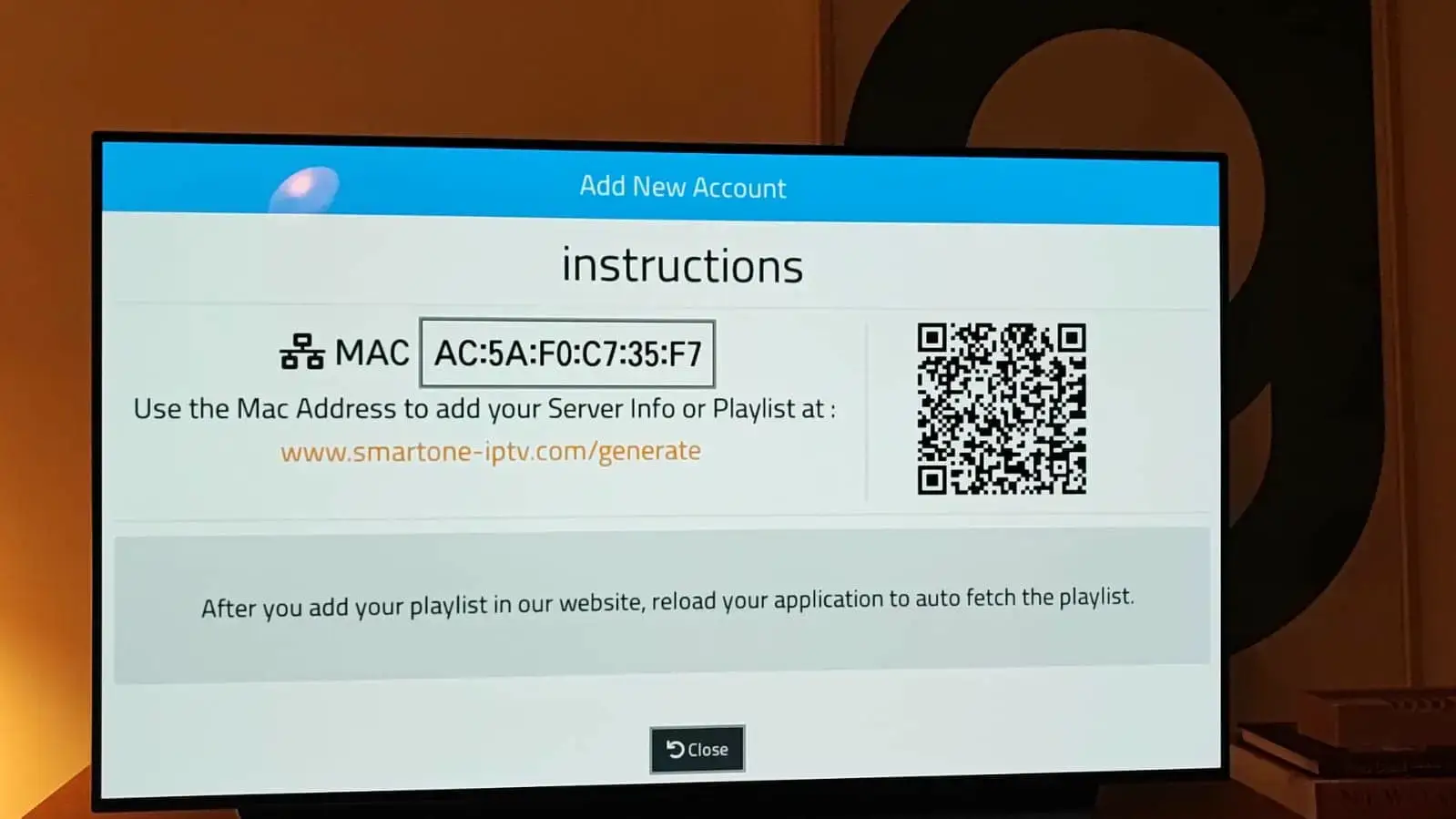Pantalla de SmartOne IPTV mostrando la dirección MAC del televisor