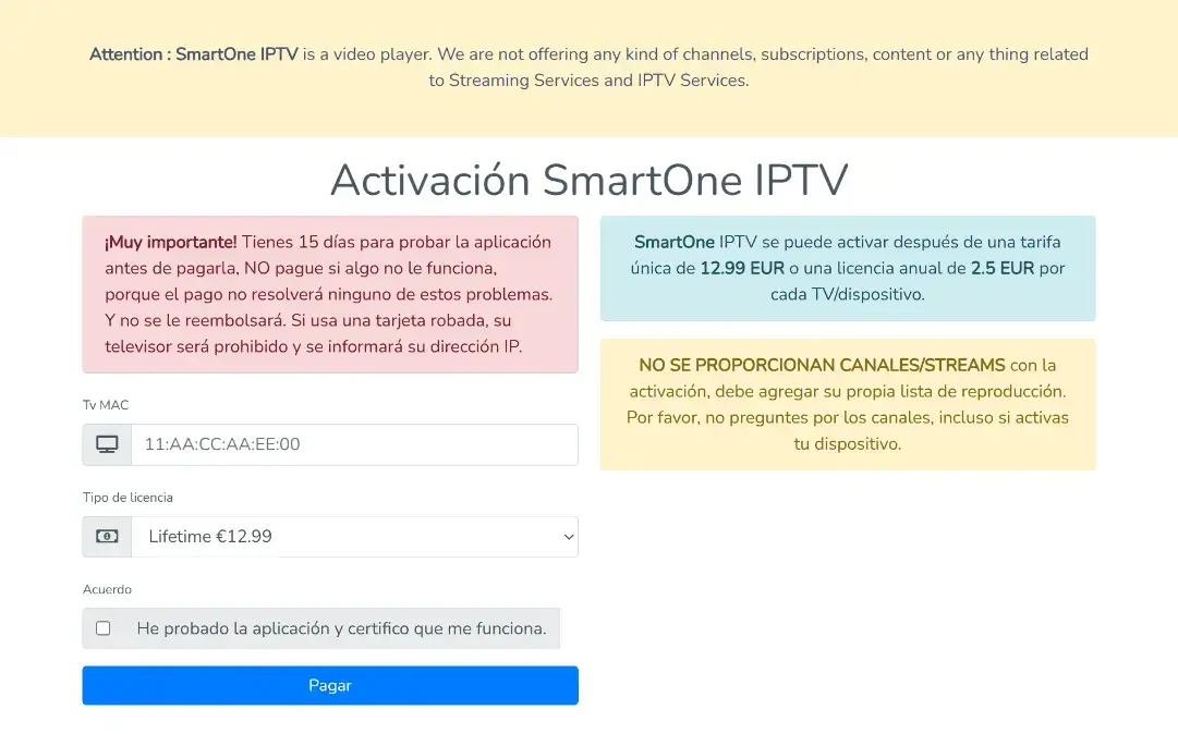 Portal de activación de SmartOne IPTV con la dirección MAC introducida