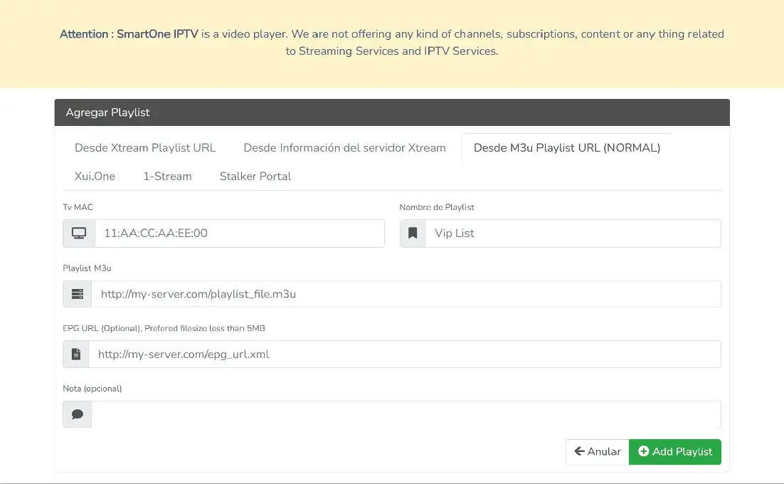 Campo para pegar la URL de la lista M3U en el portal de SmartOne IPTV